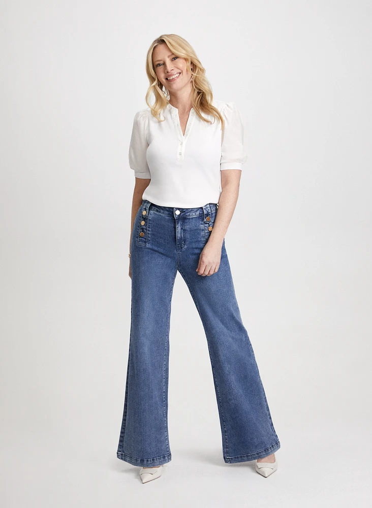 Split Neck Top & Button Detail Wide Leg Jeans