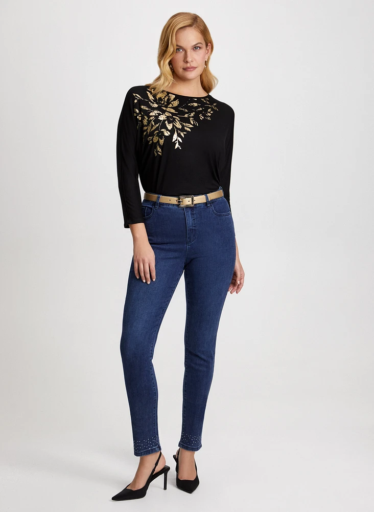 Floral Appliqué Top & Straight Leg Jeans