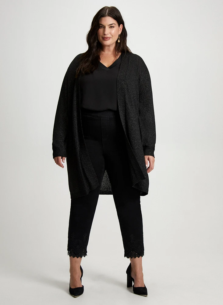 Shimmer Cardigan, Sleeveless Blouse & Lace Hem Pants