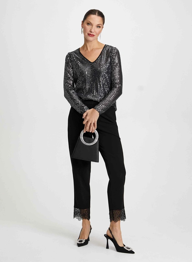 Sequin Top & Lace Trim Pants