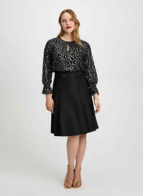 Metallic Print Blouse & Flared Skirt