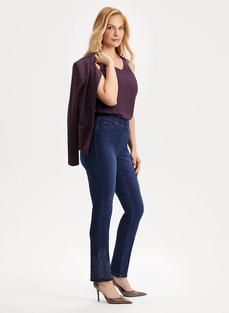 Pull-On Embroidered Hem Jeans