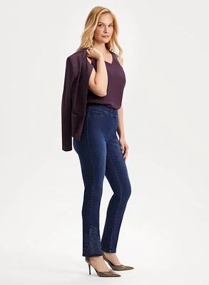 Pull-On Embroidered Hem Jeans