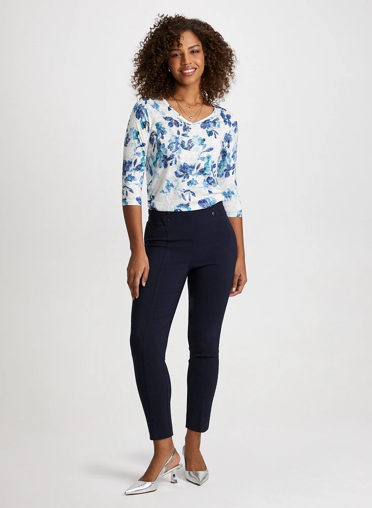 Floral Tied Hem Top & Slim Leg Bengaline Pants