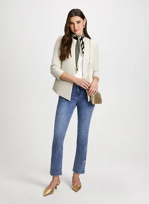 Cropped Collarless Jacket & Button Hem Jeans