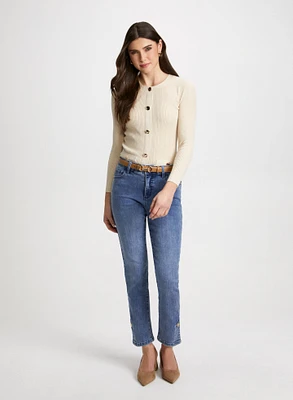 Pointelle Stitch Sweater & Button Hem Jeans