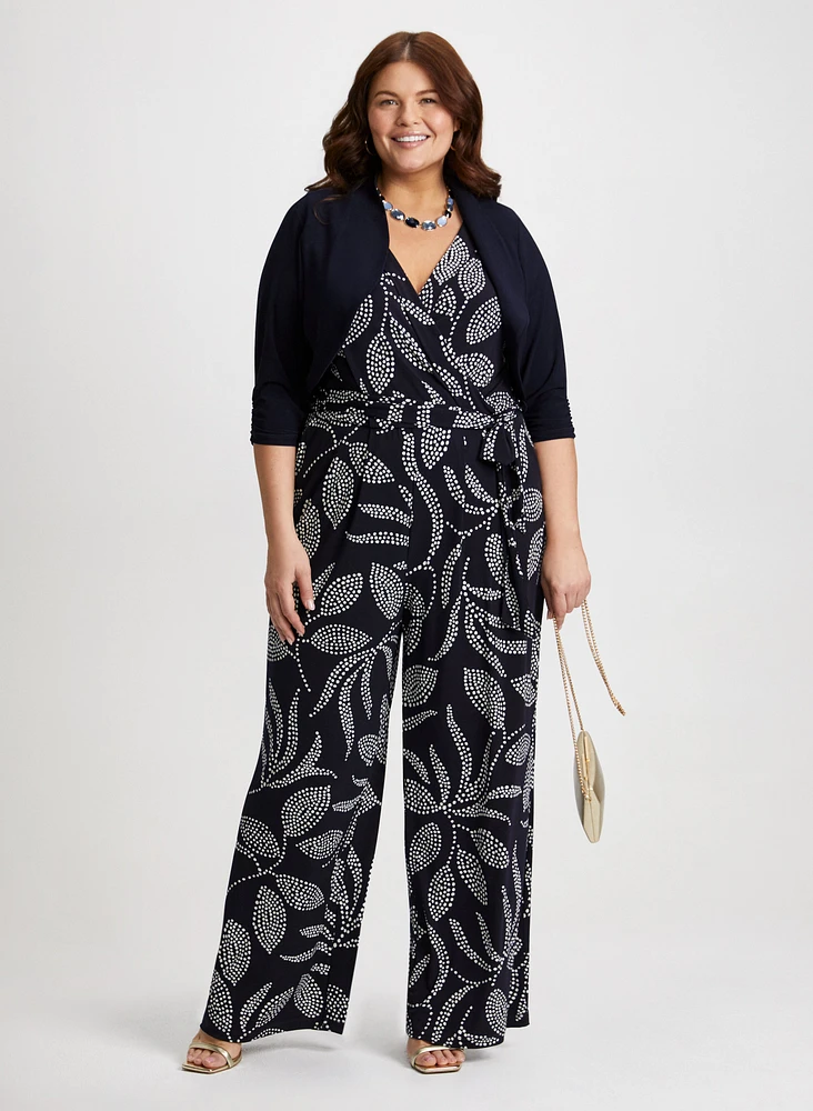 Stand Collar Bolero & Leaf Print Wide Leg Jumpsuit