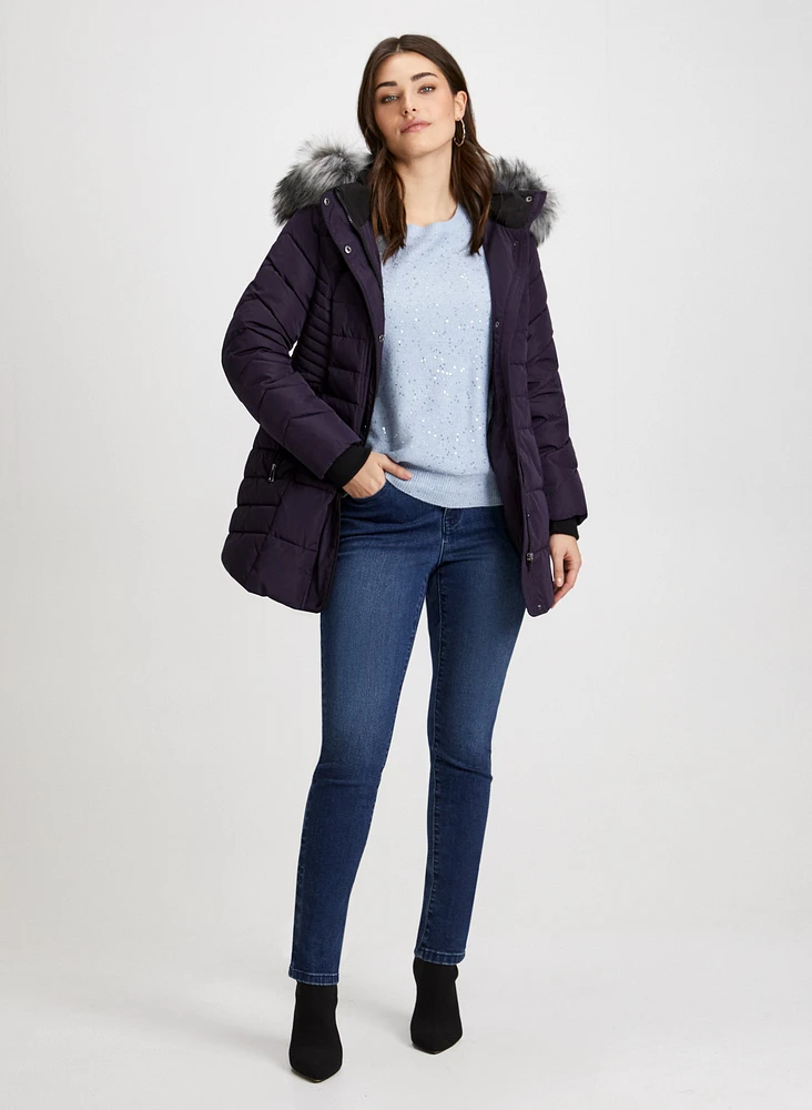 Vegan Down Coat & Slim Leg Jeans