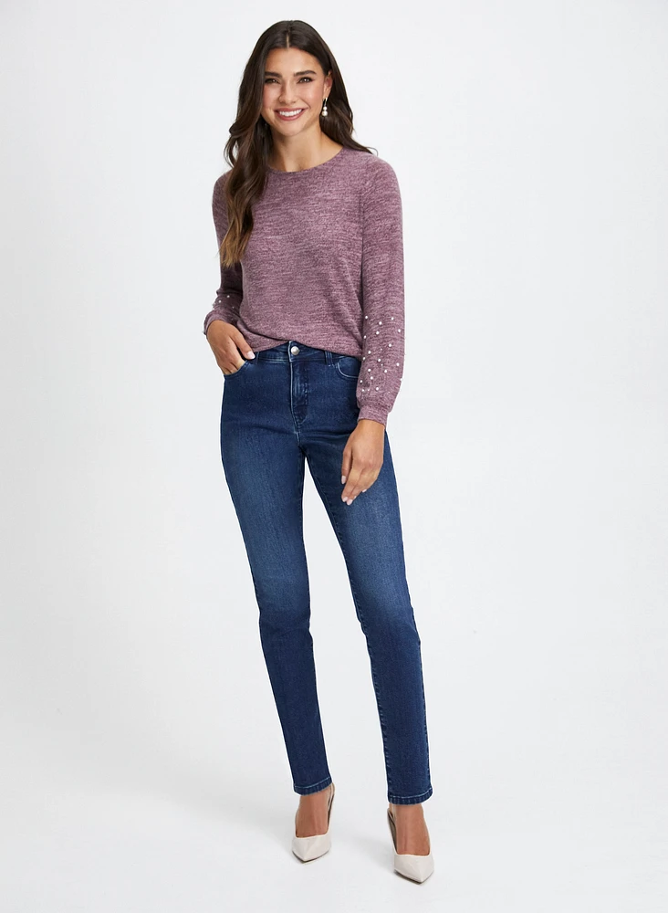 Pearl Detail Top & Slim Leg Jeans