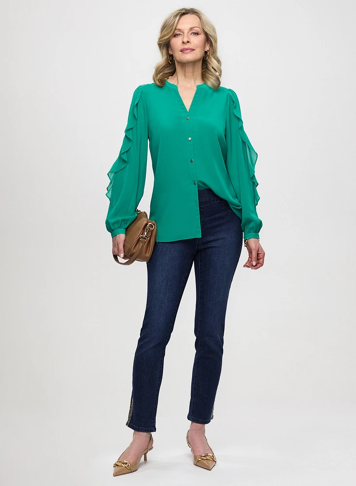 Split Neck Ruffle Sleeve Blouse & Pull-On Straight Leg Jeans