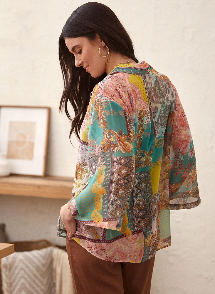Patchwork Print Button-Up Blouse
