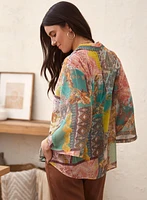 Patchwork Print Button-Up Blouse