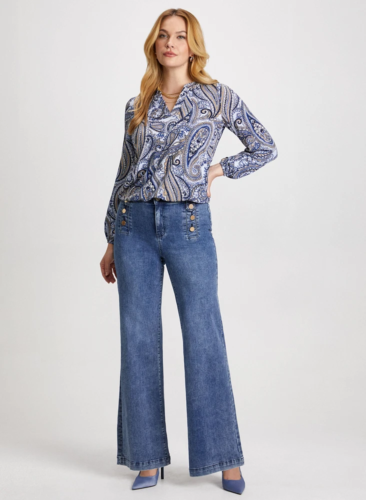 Split Neck Paisley Top & Button Detail Wide Leg Jeans