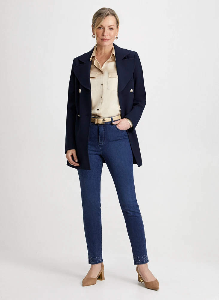 Button Front Coat & Bow Detail Jeans