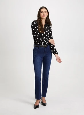 Dot Motif Split-Neck Top & Embroidered Jeans