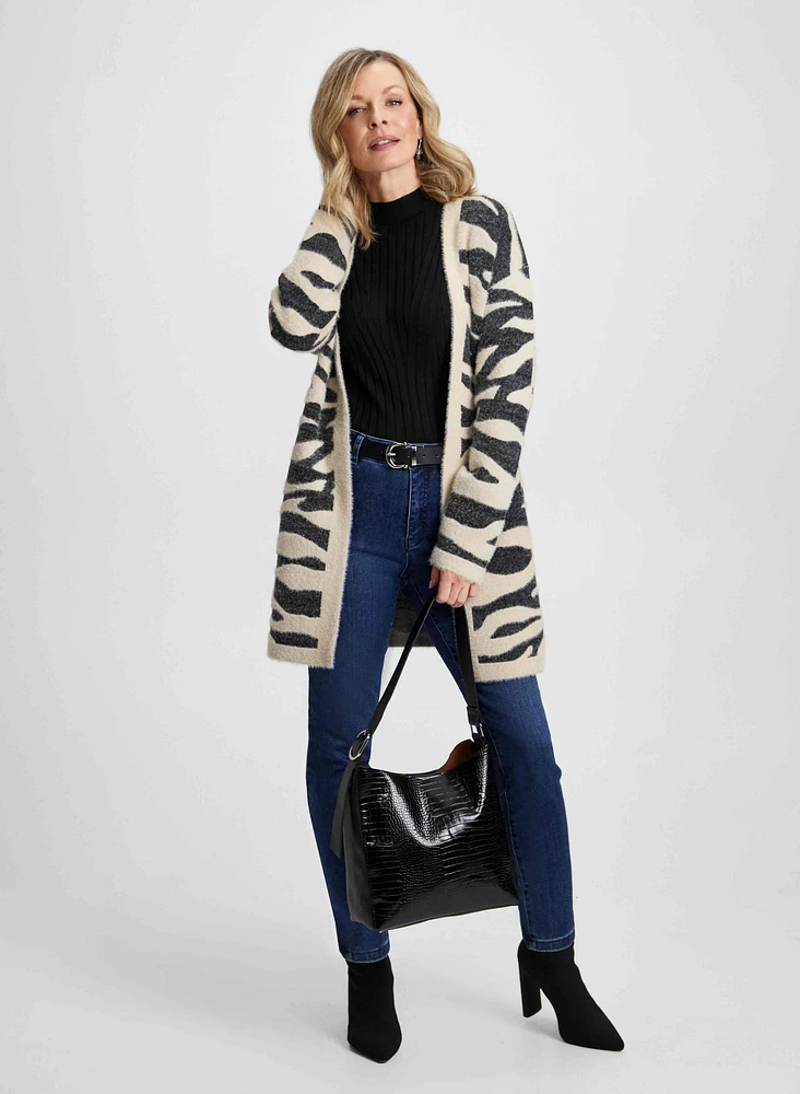 Zebra Print Cardigan, Rib Knit & Jeans