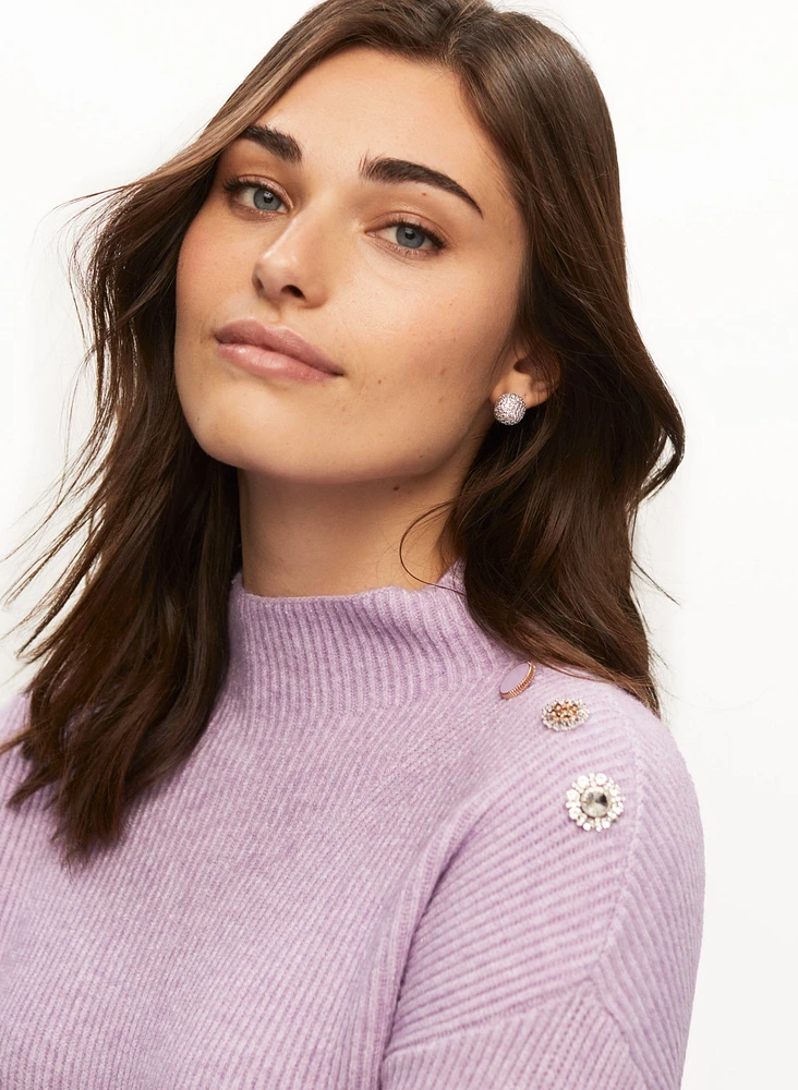 Jewelled Button Mock Neck Sweater