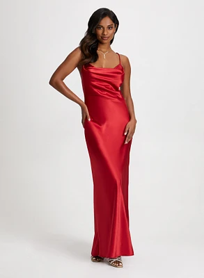 Drape Neck Satin Dress & Crystal  Y Necklace