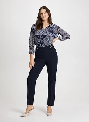 Long Sleeve Popover Blouse & Slim-Leg Ankle Pants