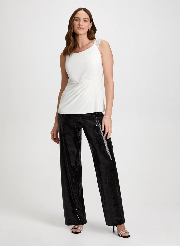 Embellished Sleeveless Top & Sequin Detail Wide Leg Pants