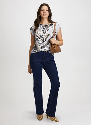 Cap Sleeve Dot Motif Top & Bootcut Jeans