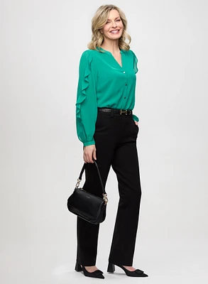 Split Neck Ruffle Sleeve Blouse & Straight Leg Pants