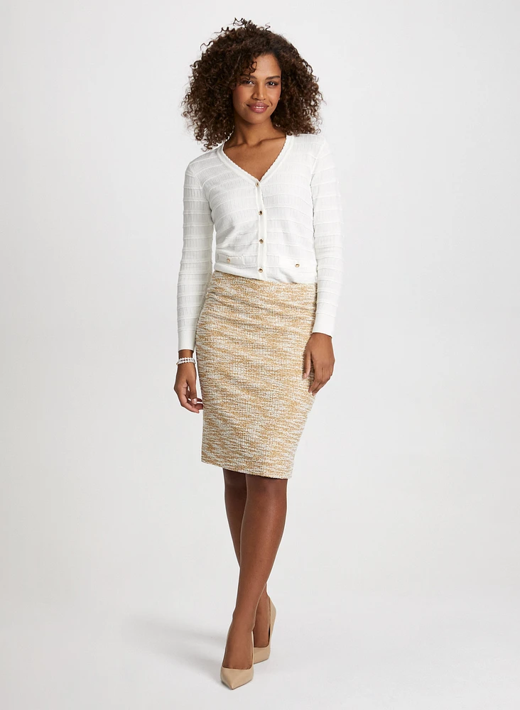 Raised Stripe Motif Cardigan & Bouclé Pencil Skirt