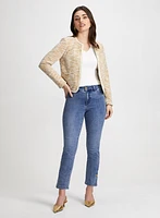 Collarless Bouclé Jacket & Button Hem Jeans