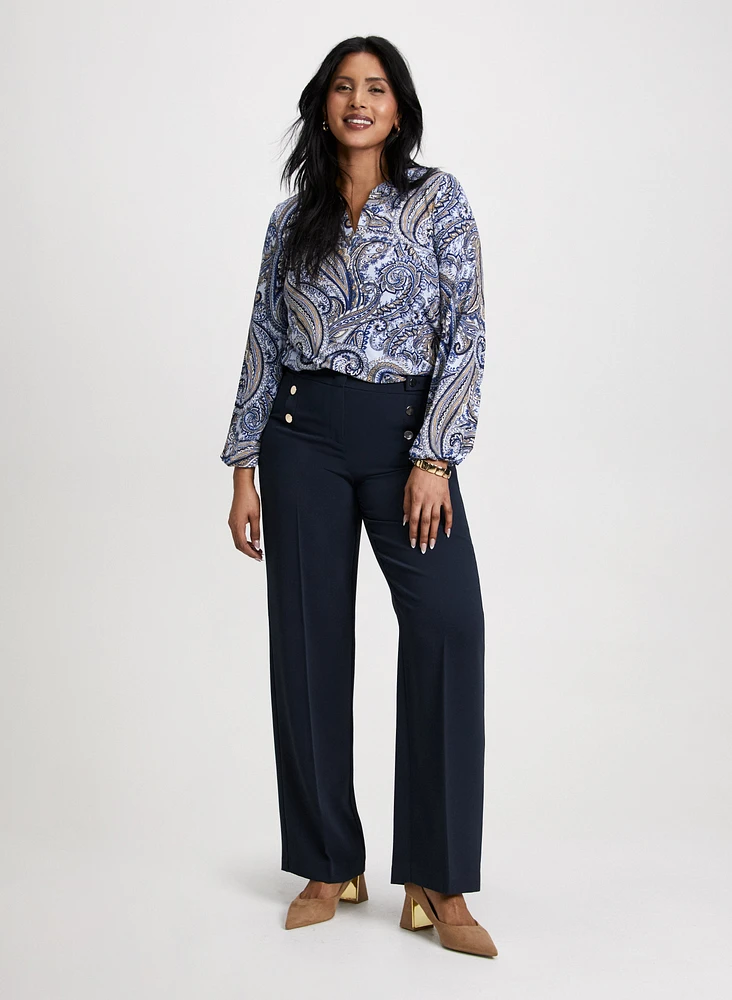 Split Neck Paisley Top & Wide Leg Pants