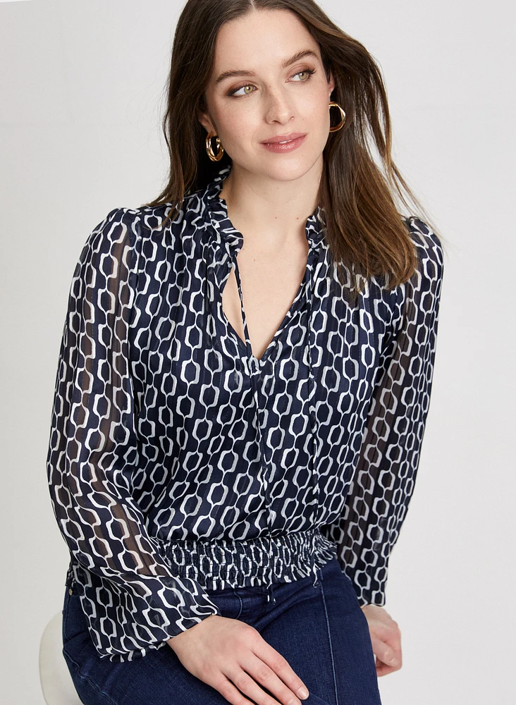 Smocked Waist Geometric Print Blouse