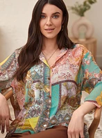 Patchwork Print Button-Up Blouse