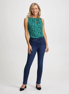 Printed Blouse & Bow Trim Jeans