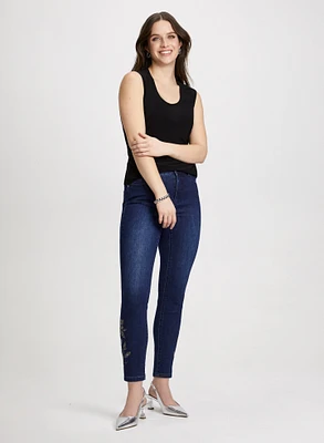 Sleeveless Horseshoe Neckline Top & Embellished Hem Jeans