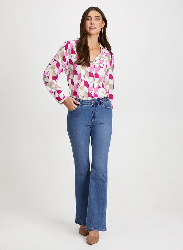 Geometric Motif Blouse & Chain Detail Bootcut Jeans