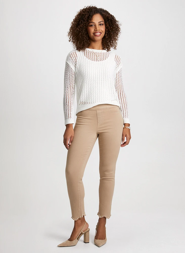 Open Stitch Sweater & Straight-Leg Denim With Trim