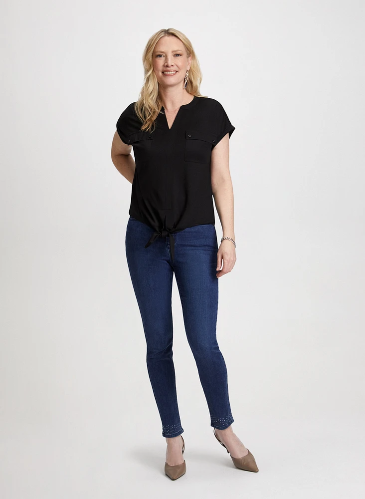 Flap Pocket Detail Top & Bow Detail Straight Leg Jeans