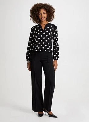 Dot Motif Split-Neck Top & Wide Leg Pants