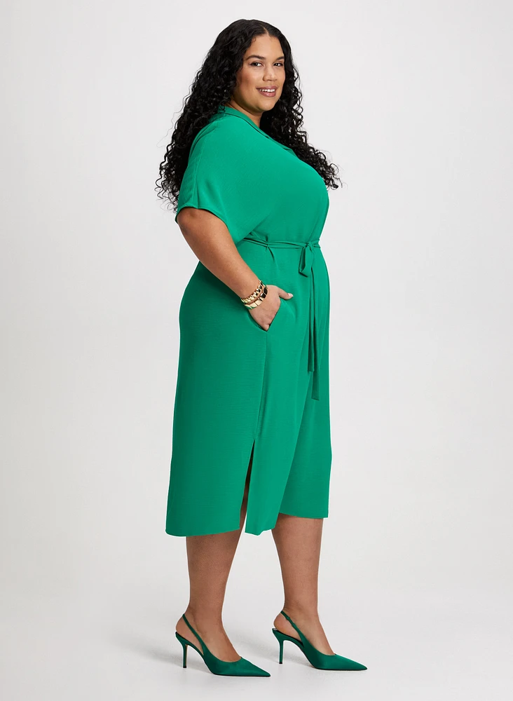 Belted Waist Shirt Collar Dress