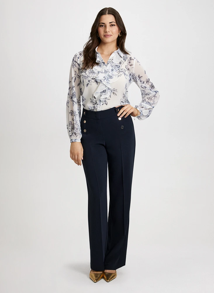 Floral Print Ruffle Shirt & Wide Leg Pants