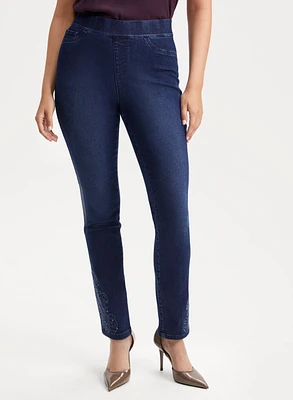 Pull-On Embroidered Hem Jeans