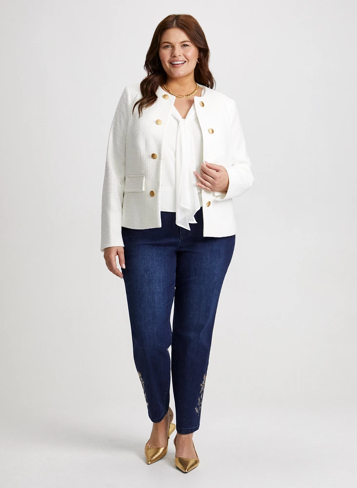 Short Bouclé Jacket & Embellished Hem Slim Leg Jean