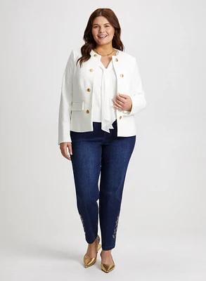 Short Bouclé Jacket & Embellished Hem Slim Leg Jean