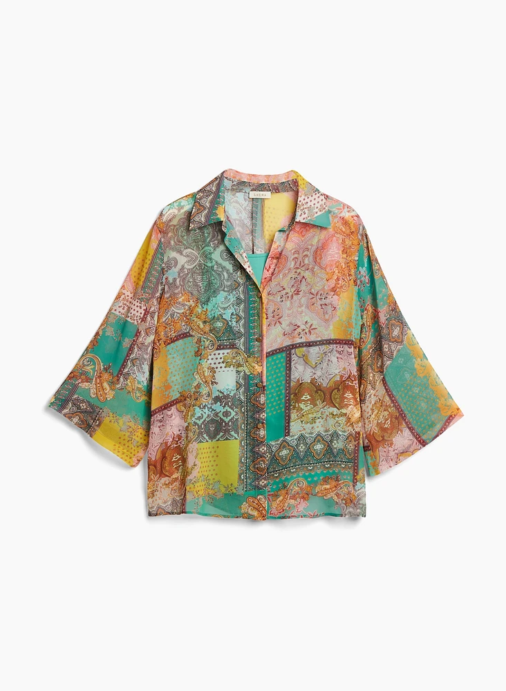 Patchwork Print Button-Up Blouse