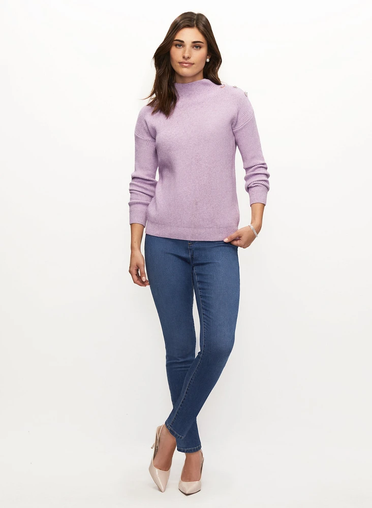 Jewelled Button Mock Neck Sweater