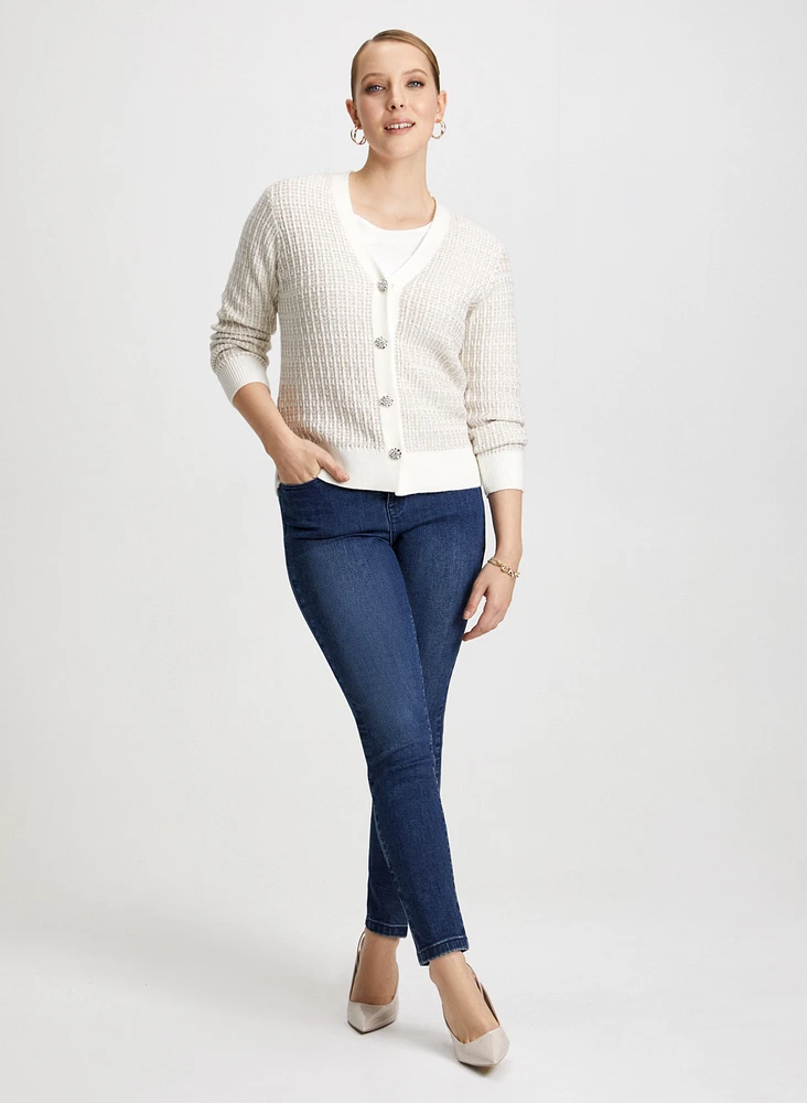 Jewel Button Cardigan & Slim Leg Jeans