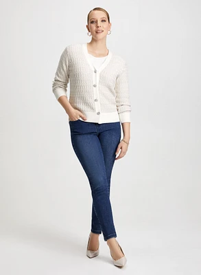 Jewel Button Cardigan & Slim Leg Jeans