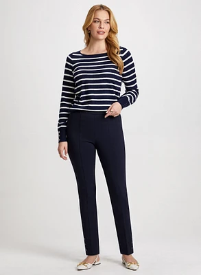 Decorative Button Striped Sweater & Slim Pull-On Ankle Pants