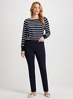 Decorative Button Striped Sweater & Slim Pull-On Ankle Pants