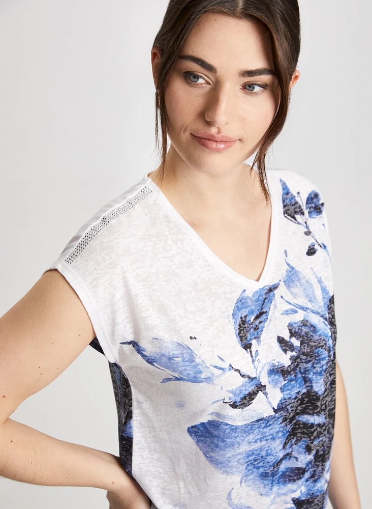 Floral Print Burnout T-Shirt