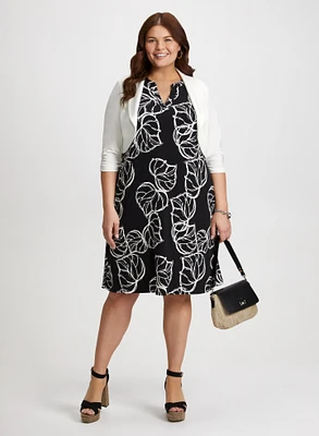 Stand Collar Bolero & Split V-Neck Leaf Print Dress